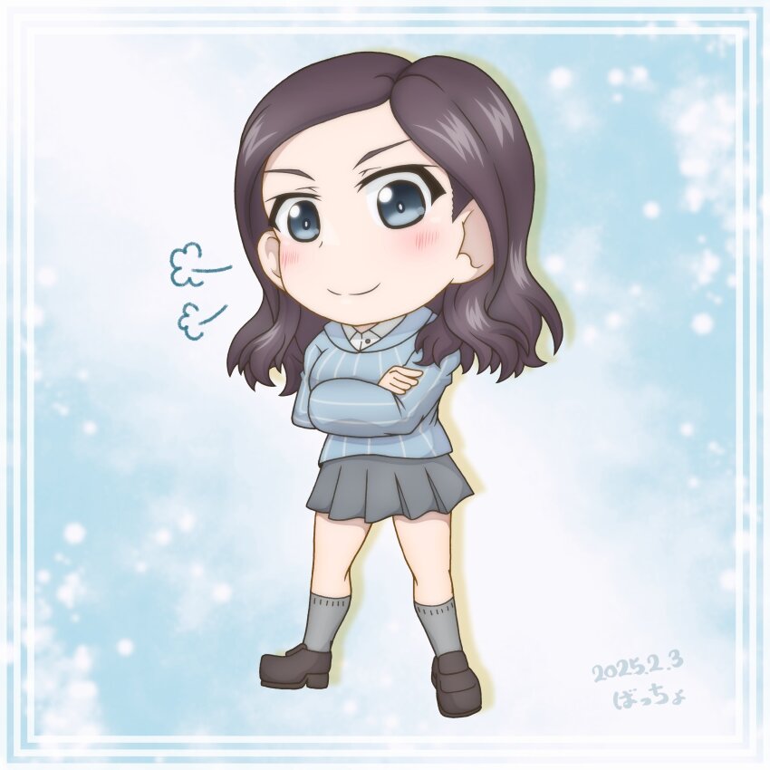 1girl, absurdres, black_hair, blue_sweater, brown_footwear, chibi, chibi_only, crossed_arms
