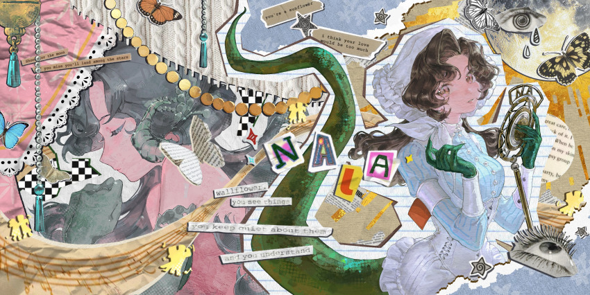 1girl, absurdres, anjo_nala, bare_shoulders, black_hair, blue_butterfly, bug, butterfly