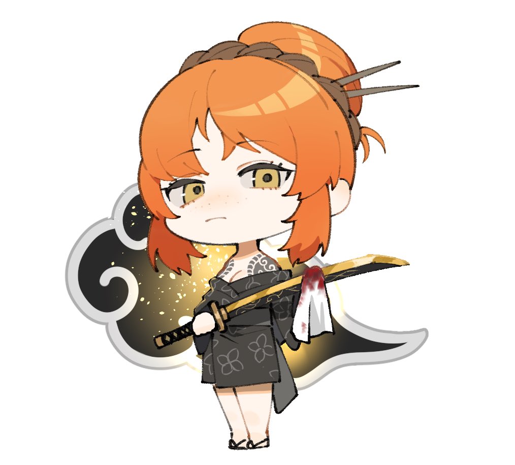 1girl, bare_shoulders, black_kimono, black_sash, cleaning_sword, hair_bun, holding, holding_sword