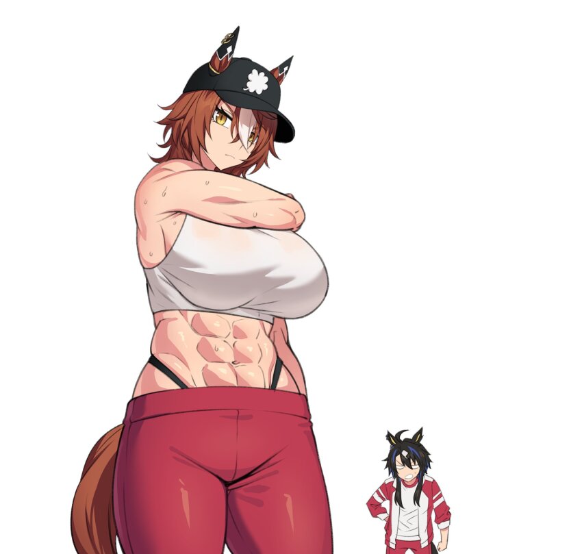 2girls, abs, ahoge, animal_ear_piercing, animal_ears, arm_across_neck, arm_at_side, armpits, bare_shoulders, baseball_cap, black_hair, black_hat, blue_hair, brown_hair, clover_hair_ornament, clover_print, commentary, daiwa_major_(racehorse), ear_covers, ears_through_headwear, fukuro_(maruaru00), genderswap, genderswap_(mtf), hair_between_eyes, hair_ornament, hat, heart's_cry_(racehorse), highleg, highleg_panties, highres, horse_ears, horse_girl, horse_tail, jacket, jealous, looking_at_viewer, medium_hair, multiple_girls, muscular, muscular_female, open_clothes, open_jacket, original, panties, personification, red_jacket, rivalry, sidelocks, simple_background, sleeves_rolled_up, slit_pupils, stretching, sweat, sweatdrop, tail, tank_top, track_jacket, umamusume, underwear, very_sweaty, white_background, white_hair, white_tank_top, yellow_eyes