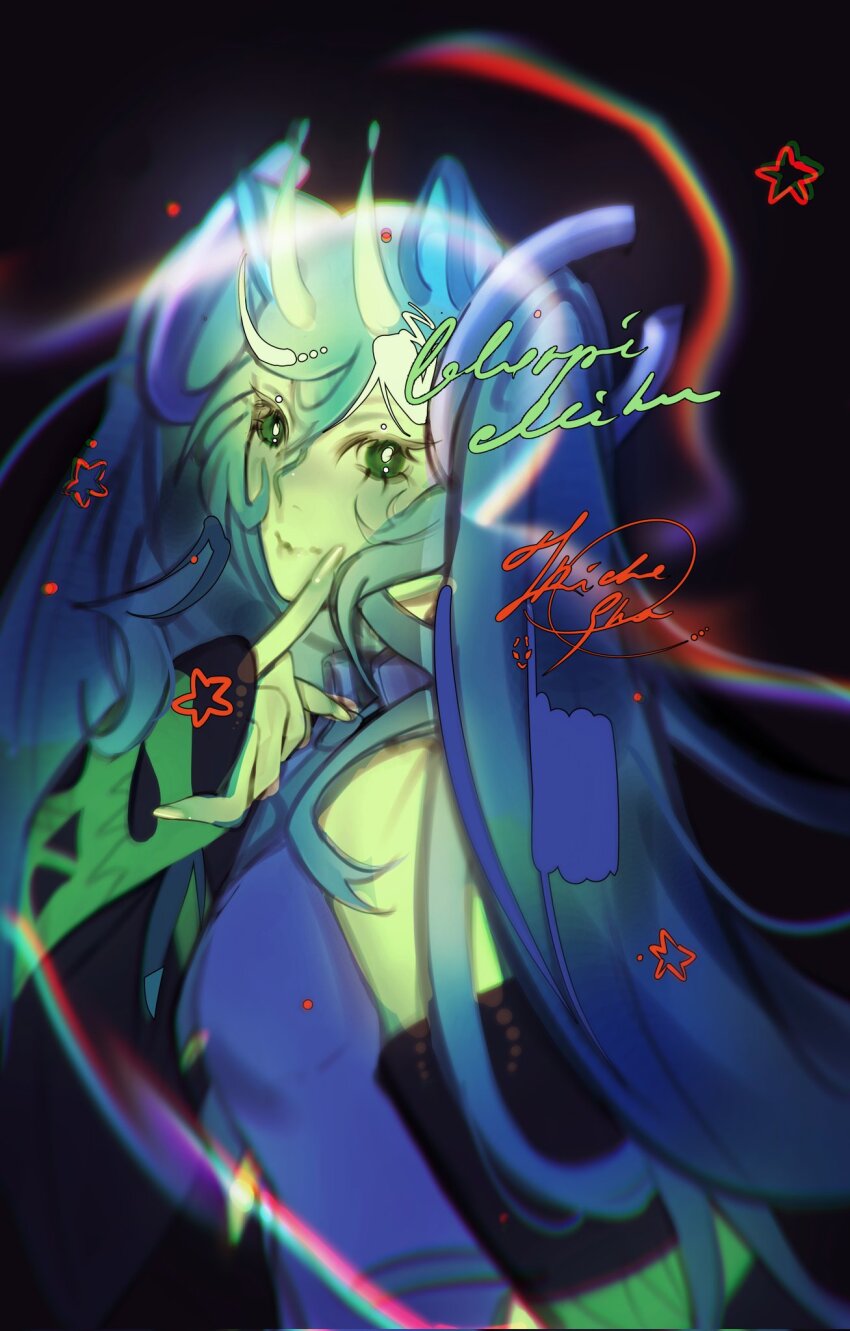 1girl, alien, alternate_skin_color, animal_ears, colored_skin, finger_to_mouth, glorpi_miku_(dyarikku), green_eyes