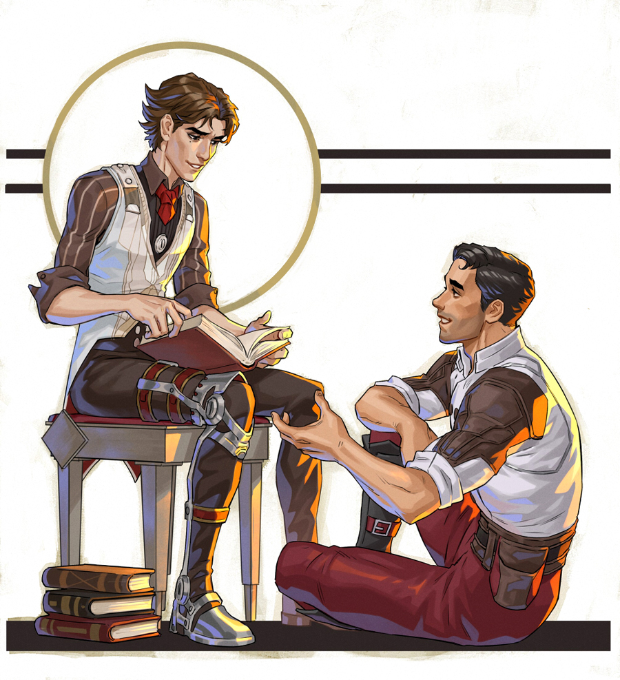 2boys, arcane:_league_of_legends, arcane_jayce, arm_on_knee, arm_up, book, book_stack, brown_eyes