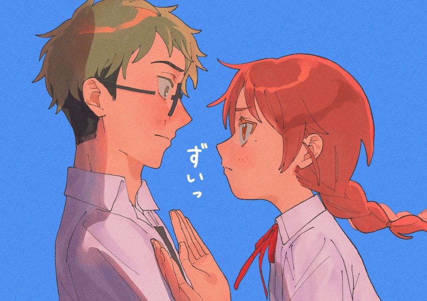 1boy, 1girl, asaise, black-framed_eyewear, black_hair, black_shirt, blue_background, blush