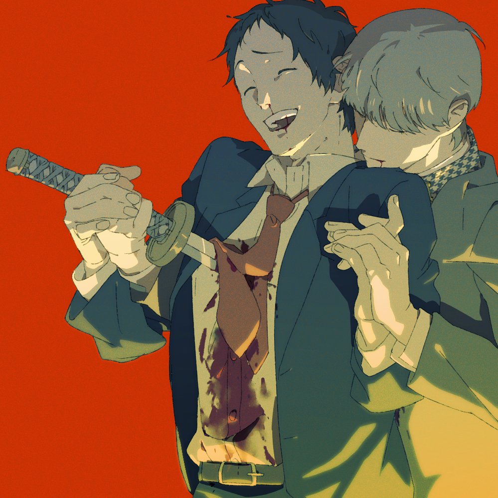 2boys, adachi_tooru, belt, belt_buckle, black_jacket, blood, blood_on_clothes, blood_on_face, buckle, closed_eyes, dress_shirt, grey_hair, grey_jacket, hand_on_another's_hand, holding, holding_hands, holding_sword, holding_weapon, houndstooth, impaled, jacket, katana, lapels, laughing, layered_sleeves, long_sleeves, male_focus, multiple_boys, narukami_yu, necktie, nosebleed, open_clothes, open_jacket, open_mouth, persona, persona_4, red_background, red_necktie, shirt, short_hair, simple_background, sword, teeth, upper_body, upper_teeth_only, violence, weapon, xxts002xv