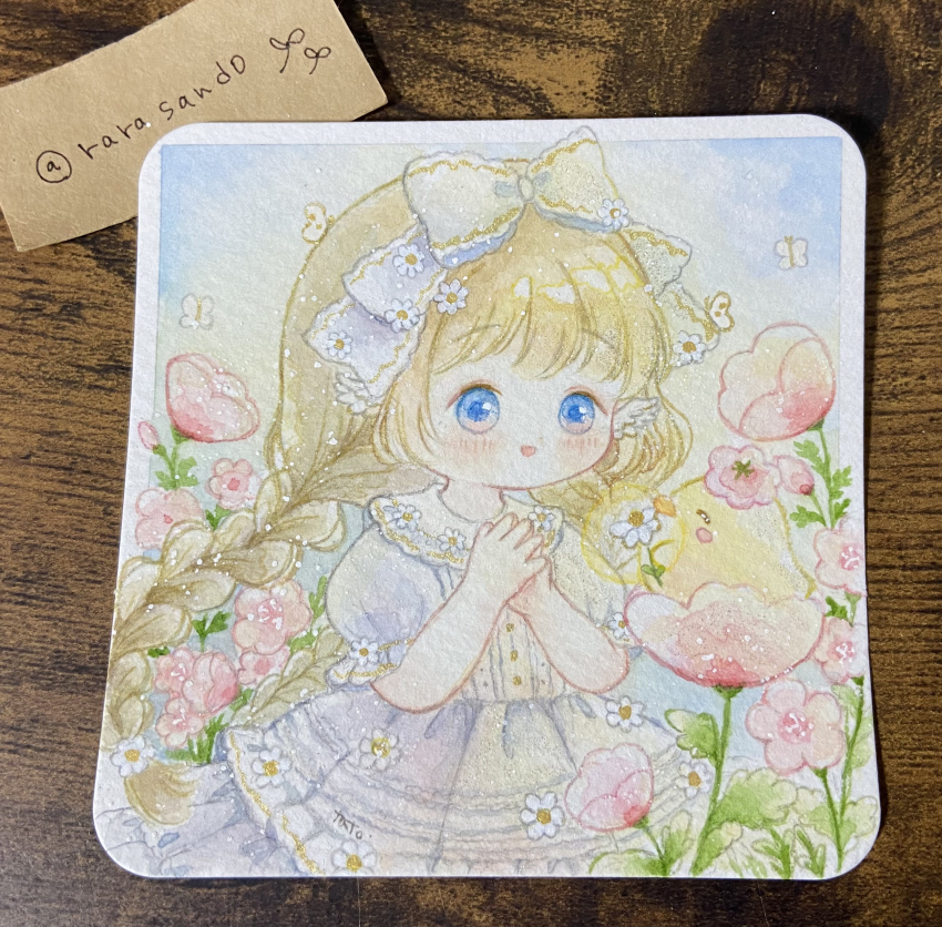 1girl, absurdres, blonde_hair, blue_eyes, blush, braid, dress, flower, hair_ribbon, highres, long_hair, open_mouth, original, own_hands_together, painting_(medium), photo_(medium), pink_flower, puffy_short_sleeves, puffy_sleeves, ribbon, short_sleeves, signature, solo, tato_(kunikida-3), traditional_media, twin_braids, twitter_username, upper_body, watercolor_(medium), white_dress, white_flower, white_ribbon