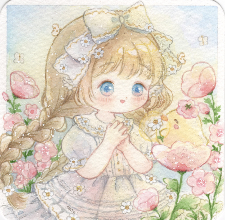 1girl, blonde_hair, blue_eyes, blush, braid, dress, flower, hair_ribbon