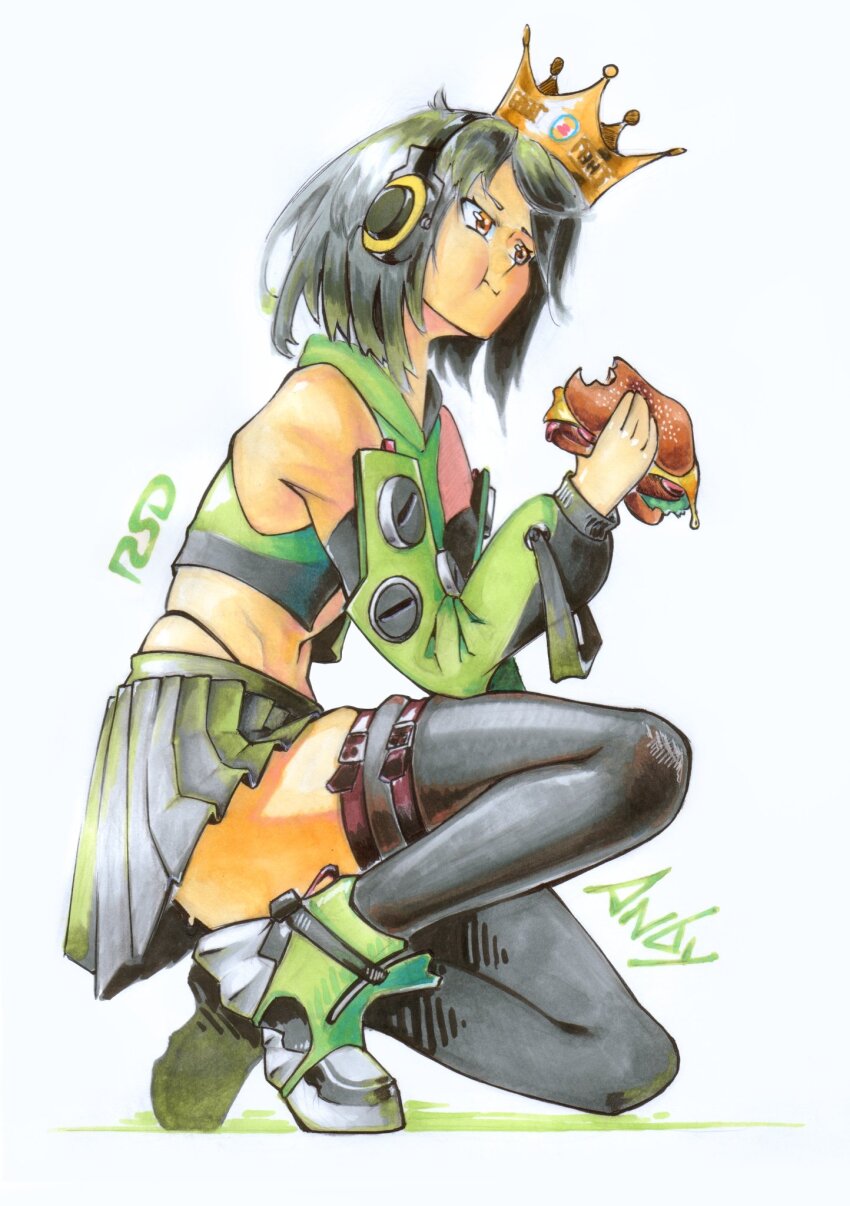 1girl, anby_demara, bare_shoulders, black_panties, black_skirt, black_thighhighs, burger, burger_king