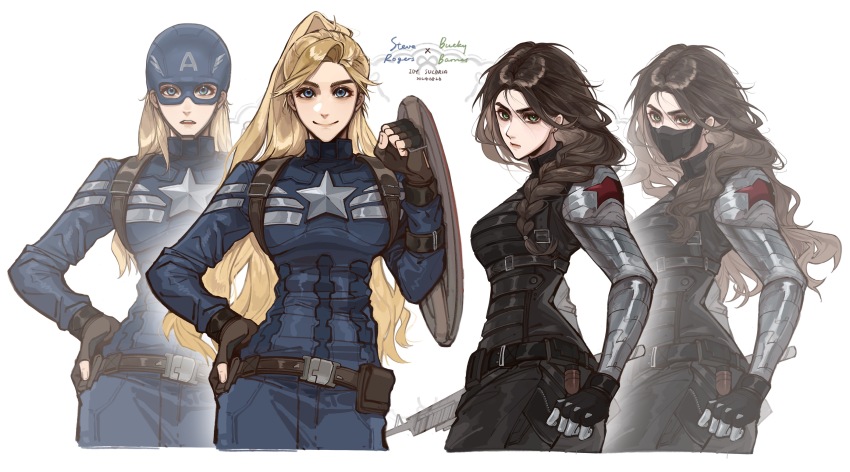 2girls, absurdres, arm_shield, blonde_hair, blue_bodysuit, blue_pants, bodysuit, braid