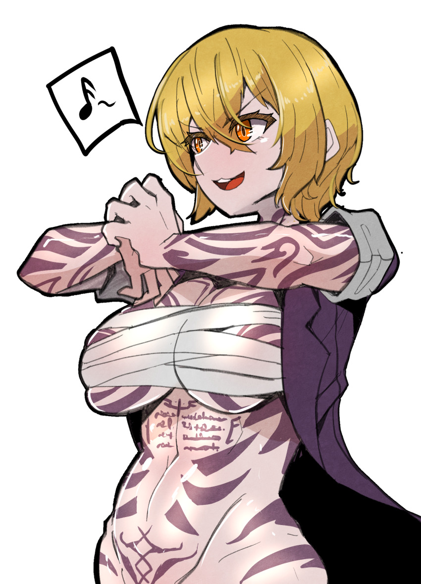 1girl, arm_tattoo, blonde_hair, breasts, chest_sarashi, chest_tattoo, cleavage, commentary