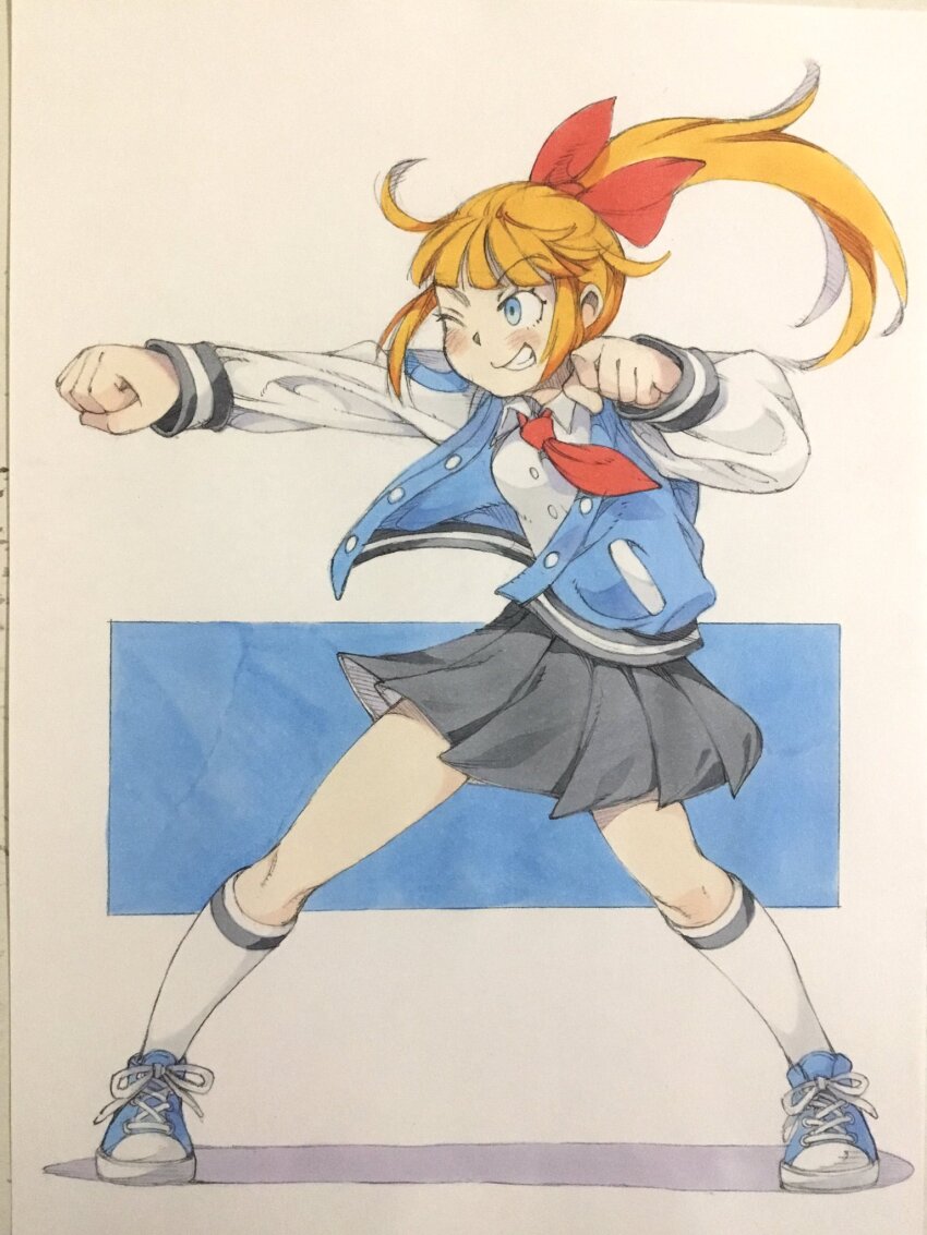 1girl, black_skirt, blonde_hair, blue_eyes, blue_jacket, bow, clenched_hands, fighting_stance, full_body, grin, hair_bow, highres, jacket, kneehighs, kunio-kun_series, kyoko_(kunio-kun), letterman_jacket, long_hair, necktie, one_eye_closed, open_clothes, open_jacket, peter_salt, pleated_skirt, ponytail, red_bow, red_necktie, river_city_girls, shirt, shoes, skirt, smile, sneakers, socks, solo, standing, traditional_media, white_shirt, white_socks