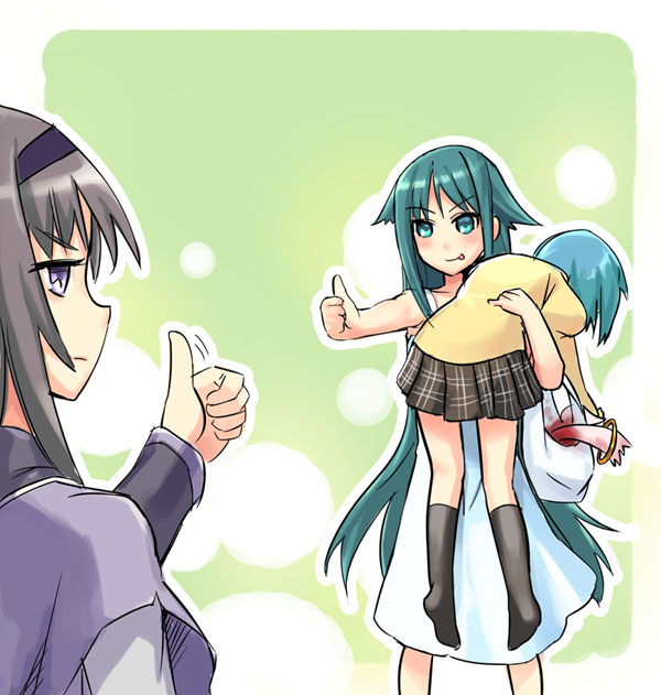 10s, 3girls, :p, akemi_homura, akemi_homura_(magical_girl), bad_food, bag, black_hair