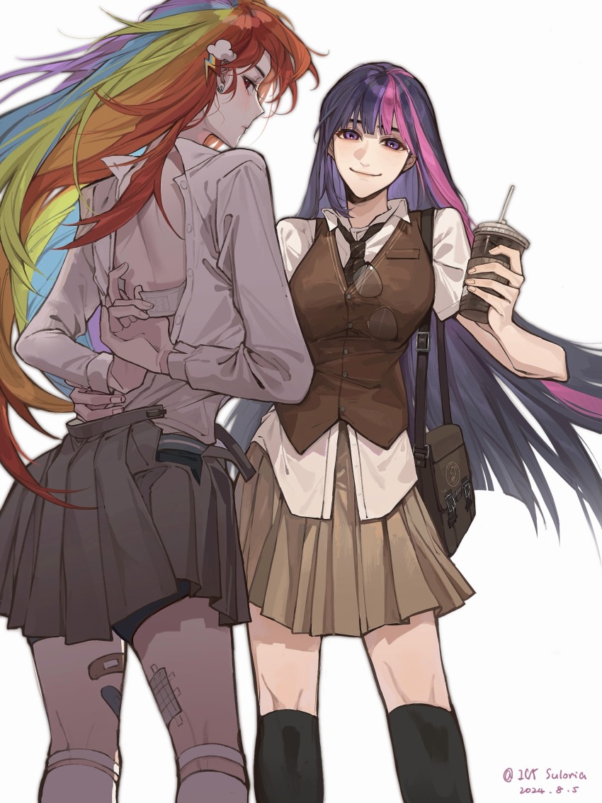 2girls, absurdres, arms_behind_back, brown_necktie, brown_sweater_vest, collared_shirt, dark_skin, highres