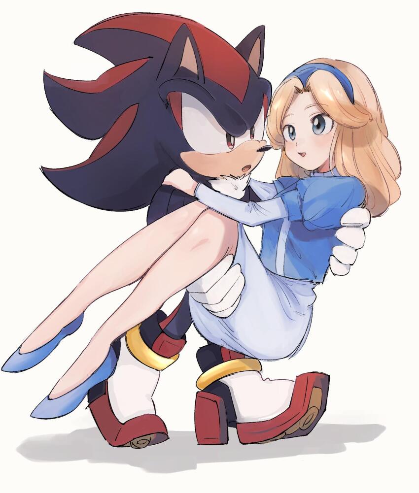 1boy, 1girl, animal_ears, black_fur, blonde_hair, blue_dress, blue_hairband, dress