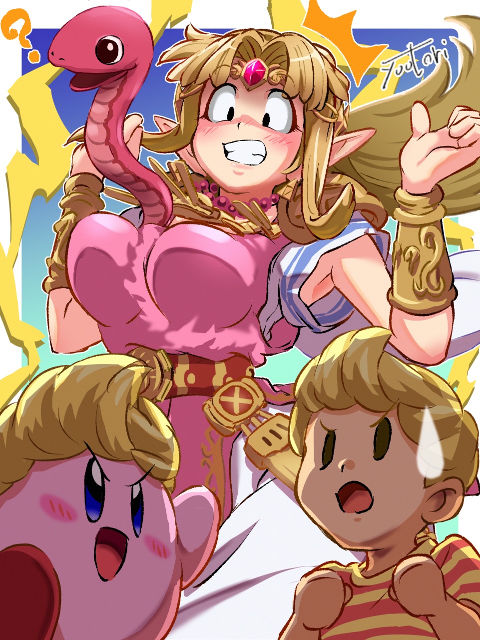 1girl, ?, artist_name, belt, blonde_hair, blush, breasts, circlet