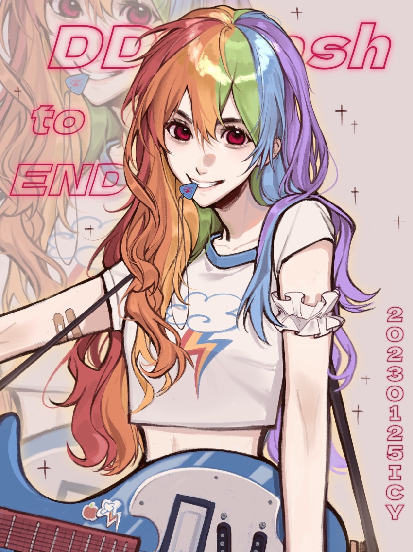 1girl, absurdres, arm_garter, bandaid, bandaid_on_arm, electric_guitar, english_text, grin