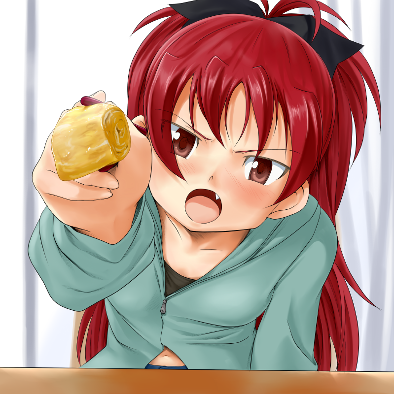 10s, 1girl, beimei, blush, bow, casual, chopsticks, fang