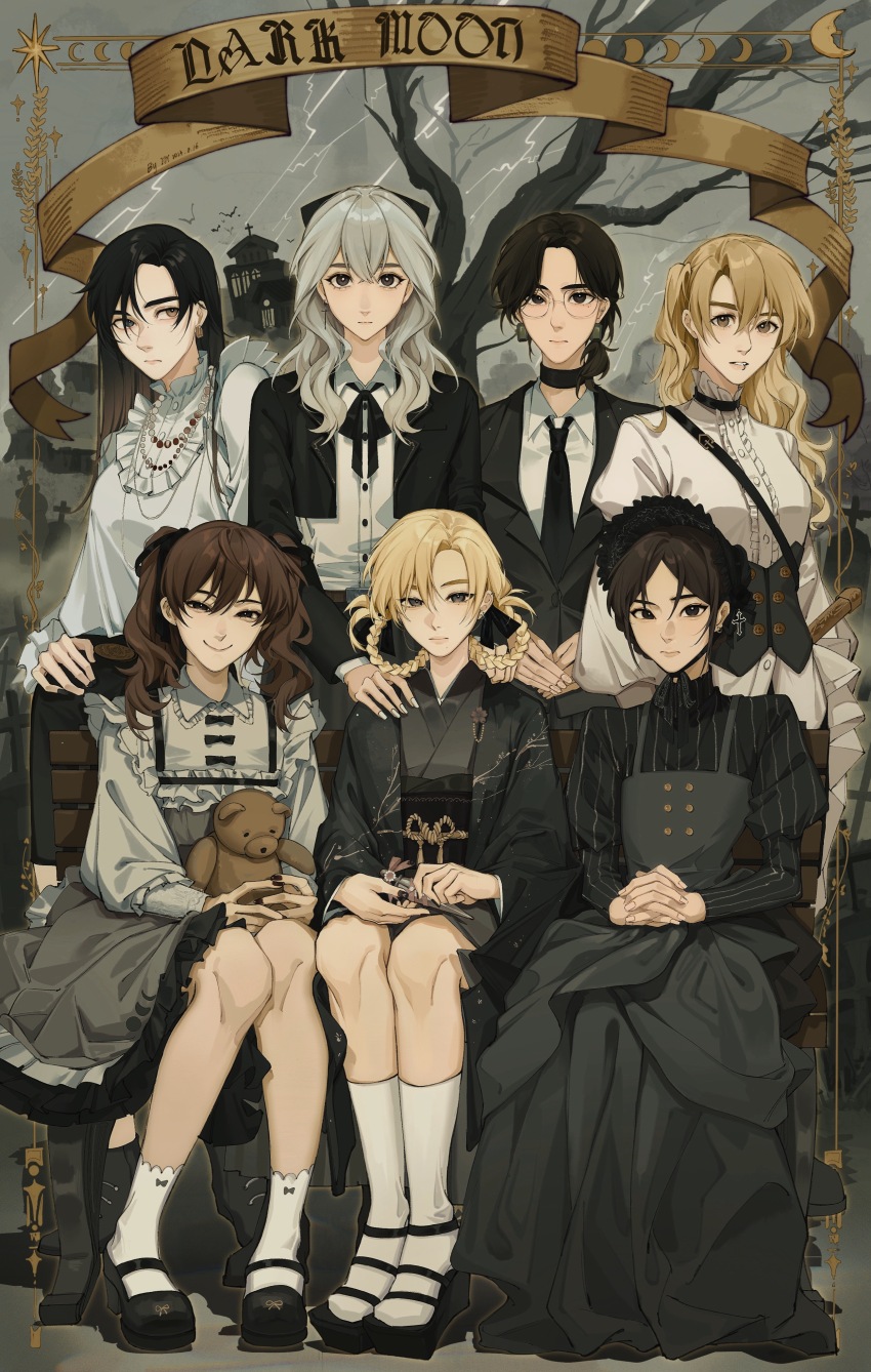 6+girls, absurdres, black_dress, black_eyes, black_haori, black_kimono, blonde_hair, braid