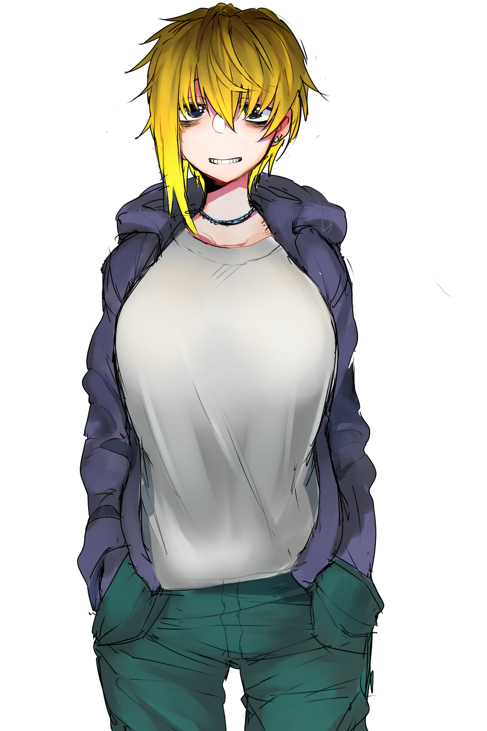 1girl, black_eyes, blonde_hair, breasts, character_profile, ear_piercing, futakoyama_megumu_(gomio), gomio_(bb-k), highres, hood, hoodie, jewelry, large_breasts, light_smile, looking_at_viewer, necklace, original, piercing, profile, short_hair, smile, solo, tomboy
