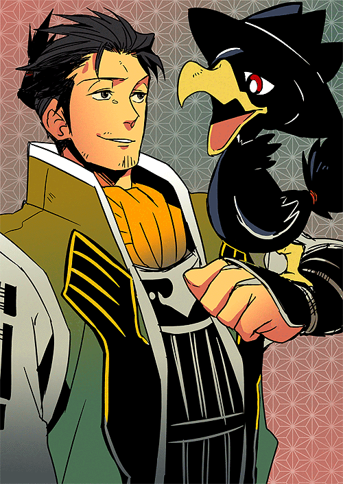 armor, ascot, black_hair, facial_hair, gen_2_pokemon, high_collar, jacket, japanese_clothes