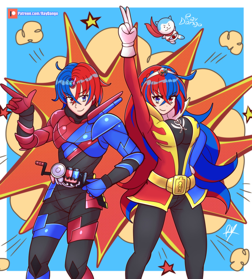 1boy, 1girl, absurdres, ahoge, animal, arm_up, armor, asymmetrical_gloves, belt, black_bodysuit, blue_armor, blue_background, blue_eyes, blue_gloves, blue_hair, bodysuit, braid, breasts, build_driver, character_hair_ornament, cosplay, crossover, dog, dual_persona, explosion, female_alear_(fire_emblem), fire_emblem, fire_emblem_engage, flying_kick, fullbottle, fusion, gloves, gokai_blue, gokai_blue_(cosplay), gokai_red, gokai_red_(cosplay), gold, gold_belt, hair_ornament, hairband, hand_on_own_hip, heterochromia, highres, jacket, kaizoku_sentai_gokaiger, kamen_rider, kamen_rider_(1st_series), kamen_rider_1, kamen_rider_1_(cosplay), kamen_rider_build, kamen_rider_build_(cosplay), kamen_rider_build_(series), kicking, large_breasts, long_hair, male_alear_(fire_emblem), mismatched_gloves, multicolored_hair, multicolored_jacket, nintendo, pants, pirate_costume, print_bodysuit, rabbit+tank_form, raydango, red_armor, red_eyes, red_gloves, red_hair, red_scarf, rider_belt, rider_kick, scarf, short_hair, smile, sommie_(fire_emblem), star_(symbol), super_sentai, two-tone_hair, two-tone_jacket, typhoon_(kamen_rider), v, white_gloves