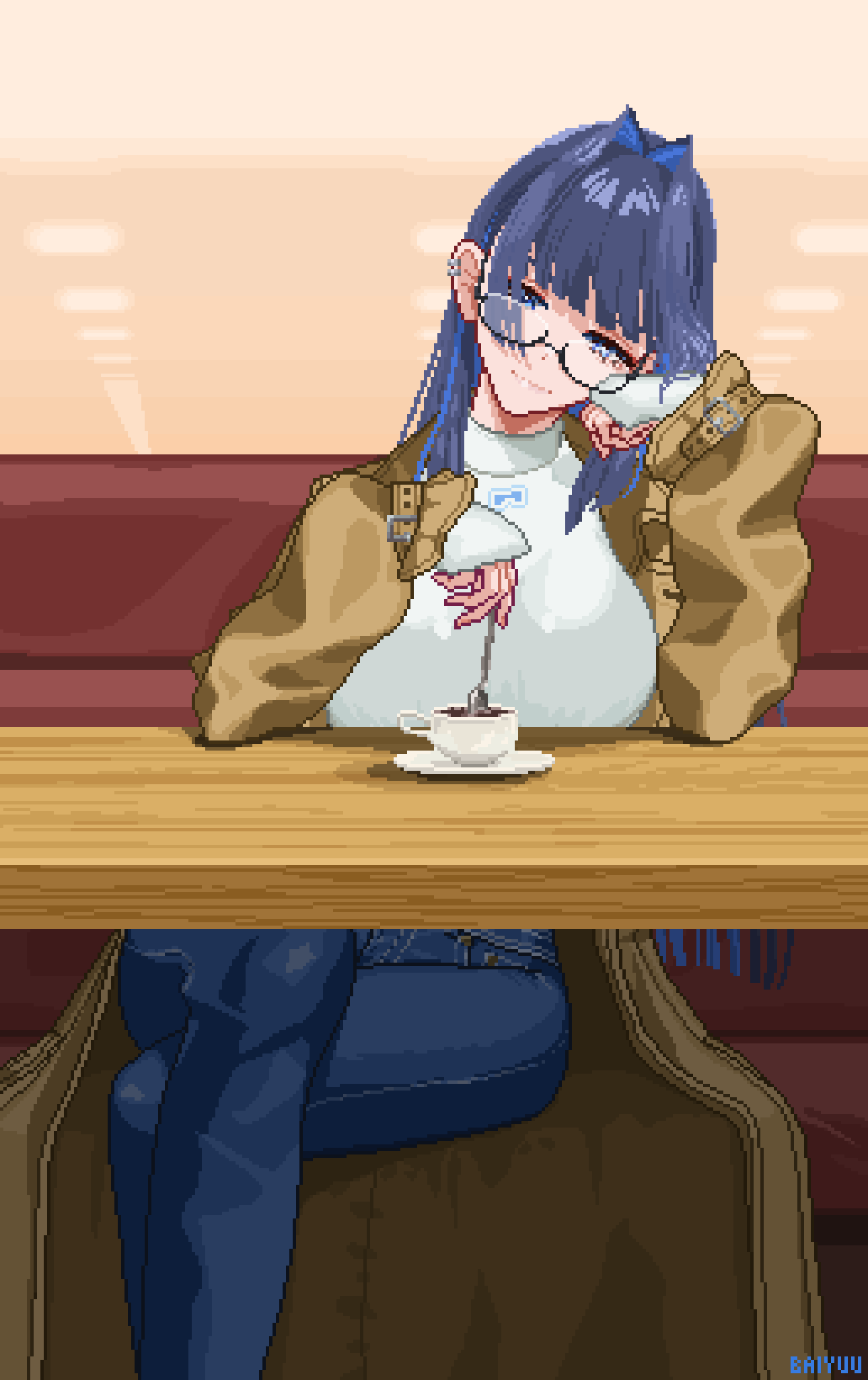 1girl, artist_name, baiyuu, black-framed_eyewear, black_hair, blue_eyes, blue_hair, blunt_bangs