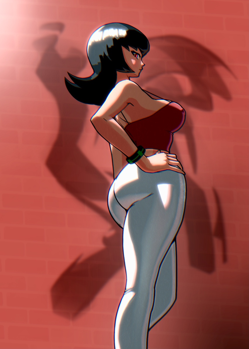 1girl, ass, bare_arms, blue_hair, breasts, camisole, collarbone, crop_top