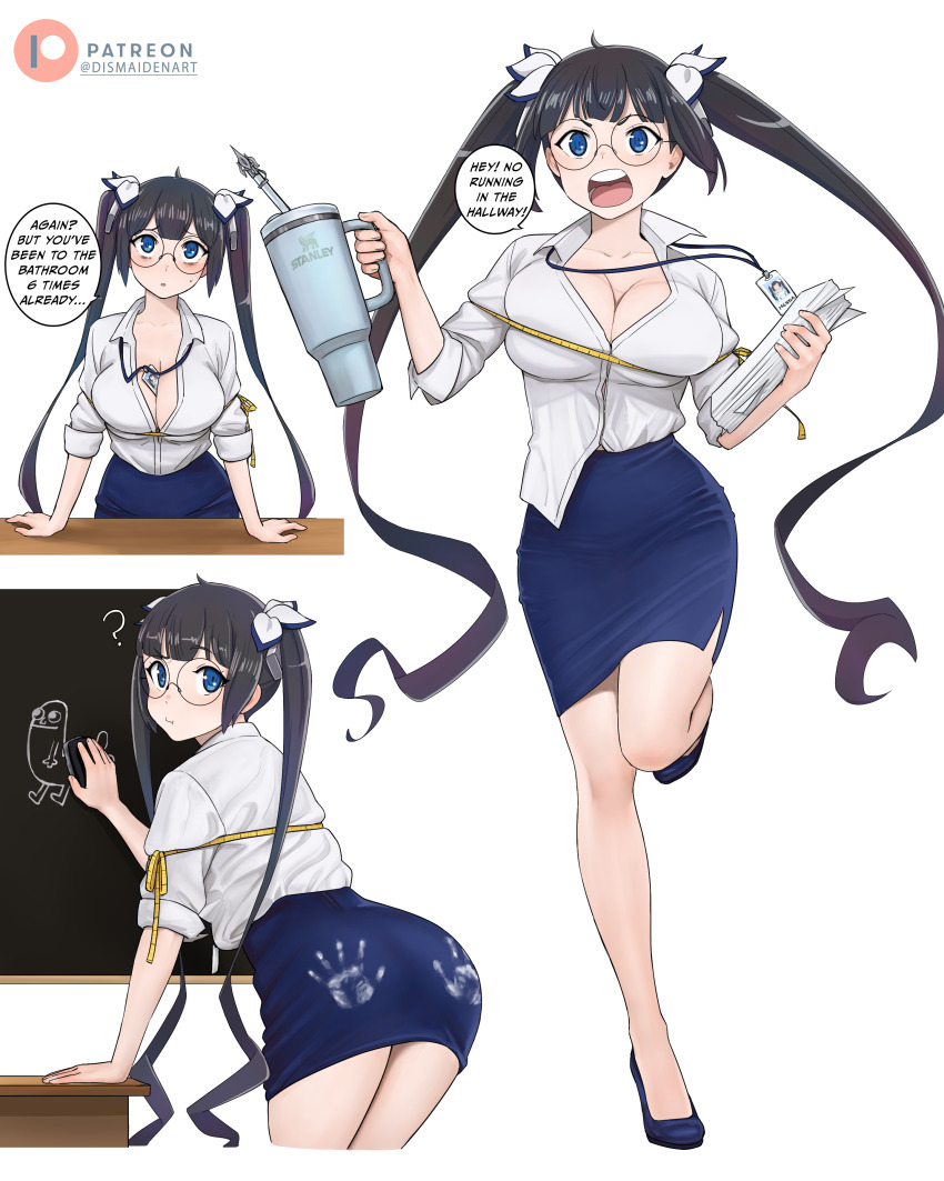 1girl, ?, absurdres, ahoge, alternate_costume, arm_support, ass, bespectacled, between_breasts, black_hair, blue_eyes, blue_footwear, blue_skirt, board_eraser, breasts, chalk_mark, chalkboard, cleavage, closed_mouth, collared_shirt, commentary, cropped_legs, cup, dickbutt, dismaiden, dress_shirt, dungeon_ni_deai_wo_motomeru_no_wa_machigatteiru_darou_ka, english_commentary, english_text, full_body, glasses, hair_ornament, hestia_(danmachi), highres, holding, holding_cup, holding_paper, id_card, lanyard, large_breasts, leaning_forward, light_blush, long_hair, looking_at_viewer, multiple_views, open_mouth, paper, parted_lips, partially_unbuttoned, patreon_logo, pencil_skirt, round_eyewear, running, shirt, shirt_partially_tucked_in, shirt_tucked_in, short_eyebrows, simple_background, skirt, sleeves_rolled_up, speech_bubble, sweatdrop, tape_measure, teacher, teeth, tongue, twintails, twitter_username, v-shaped_eyebrows, very_long_hair, white_background, white_shirt