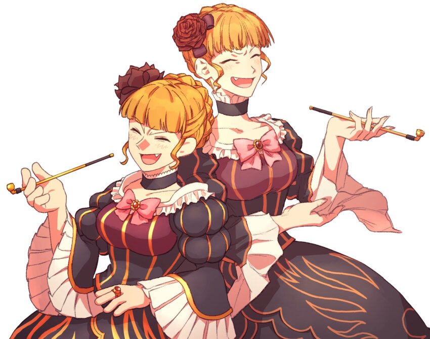 2girls, arm_up, beatrice_(umineko), black_dress, blush, breasts, choker, closed_eyes