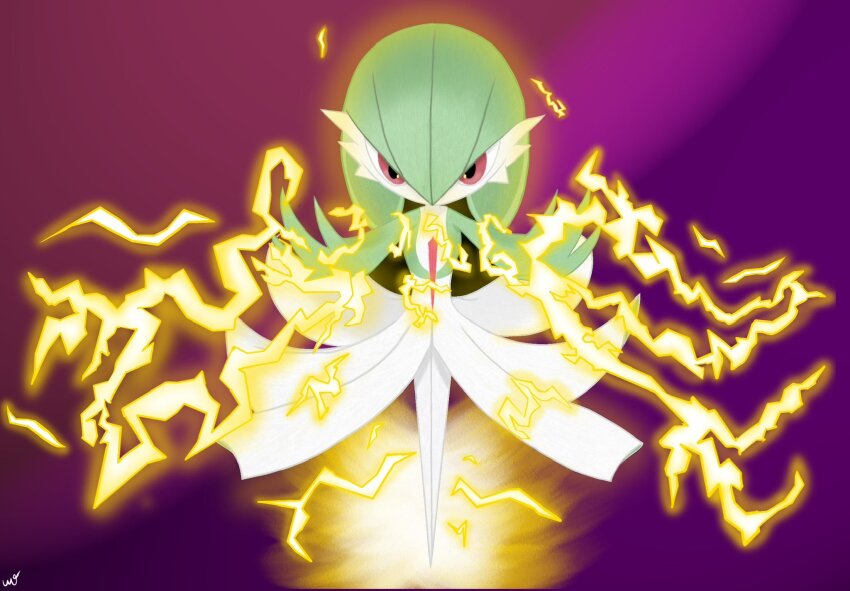 bob_cut, colored_skin, dress, electricity, gardevoir, gen_3_pokemon, generalx0fxwar, green_hair