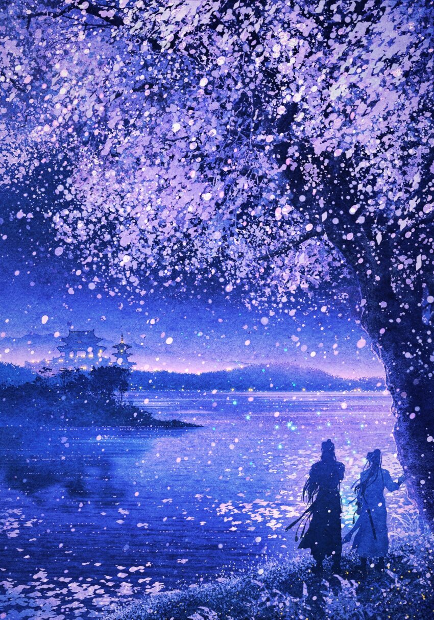 2boys, architecture, bellta_(kimbellta), black_footwear, black_hair, black_hanfu, building, chinese_clothes