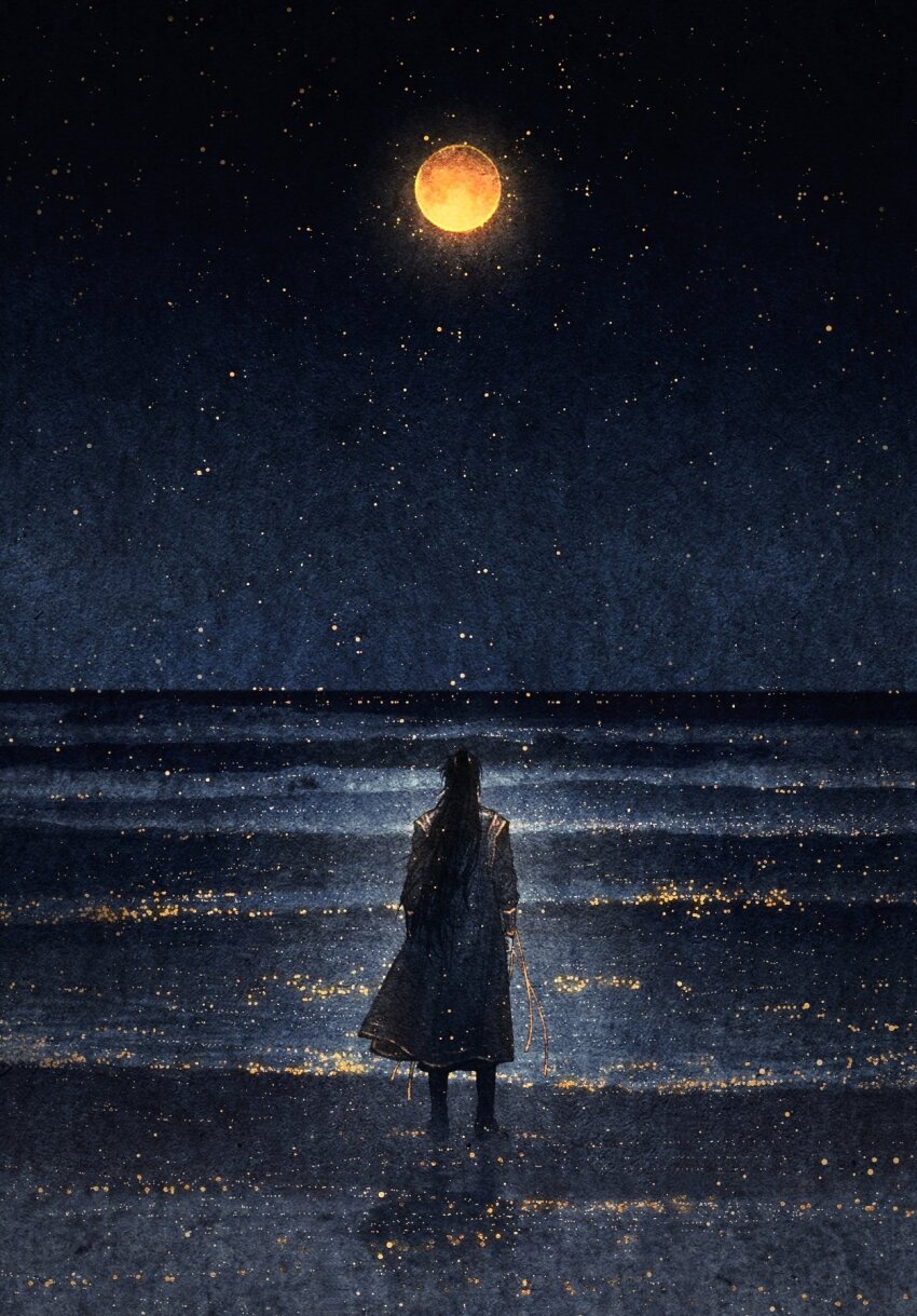 1boy, bellta_(kimbellta), black_footwear, black_hair, black_hanfu, chinese_clothes, from_behind, full_moon