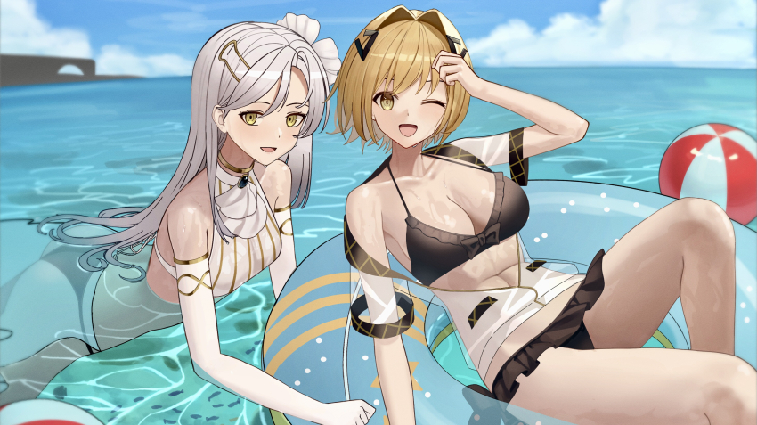 2girls, adjusting_hair, alchemy_stars, ascot, ass, ball, beachball, bikini, black_bikini, blush, breasts, carleen_(alchemy_stars), carleen_(sea_breeze)_(alchemy_stars), cleavage, detached_sleeves, elbow_gloves, eyebrows_hidden_by_hair, fish, flower, frilled_bikini, frills, gloves, hair_flower, hair_intakes, hair_ornament, hairclip, highres, innertube, large_breasts, long_hair, looking_at_viewer, mismatched_bikini, multiple_girls, ocean, one_eye_closed, open_mouth, short_hair, smile, swim_ring, swimsuit, teruru_(teruru0321), very_long_hair, vice_(alchemy_stars), vice_(ray_of_sunshine)_(alchemy_stars), white_ascot, white_bikini, white_gloves, white_hair, yellow_eyes