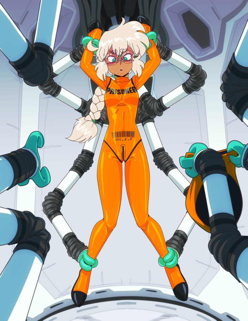 absurdres, bodysuit, bsfs, commander_rab_(layer_industries), glasses, highres, hood, janine_flores, latex, latex_bodysuit, mechanical_arms, ponytail, prison_clothes, restrained