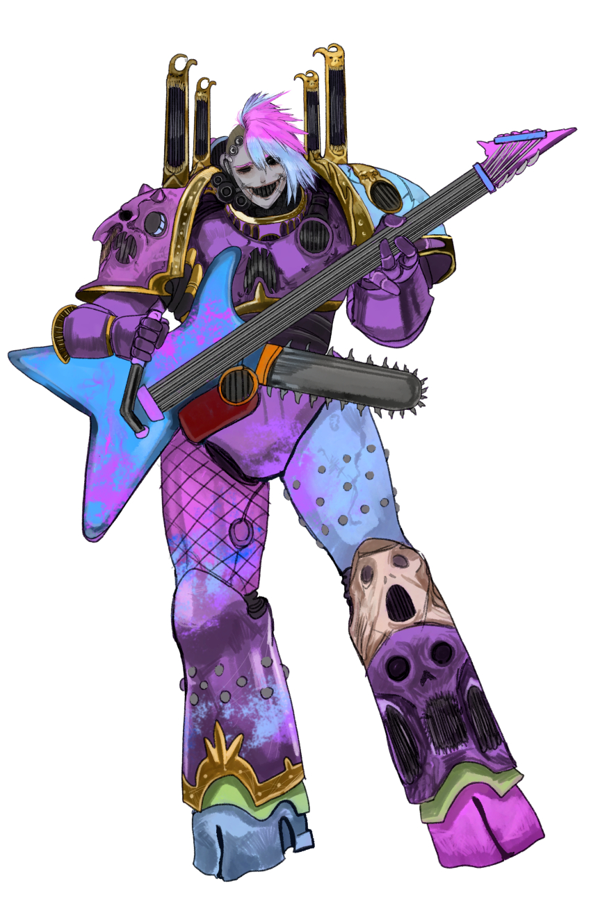 1girl, absurdres, adeptus_astartes, armor, black_eyes, blue_hair, chainsaw_guitar, chaos_(warhammer), chaos_space_marine, commentary, emperor's_children, english_commentary, full_armor, full_body, gauntlets, genderswap, genderswap_(mtf), guitar, highres, instrument, kkghost_tv, multicolored_hair, no_pupils, noise_marines, pauldrons, pink_hair, power_armor, shoulder_armor, side_cut, slaanesh_(cult), solo, two-tone_hair, warhammer_40k, white_background
