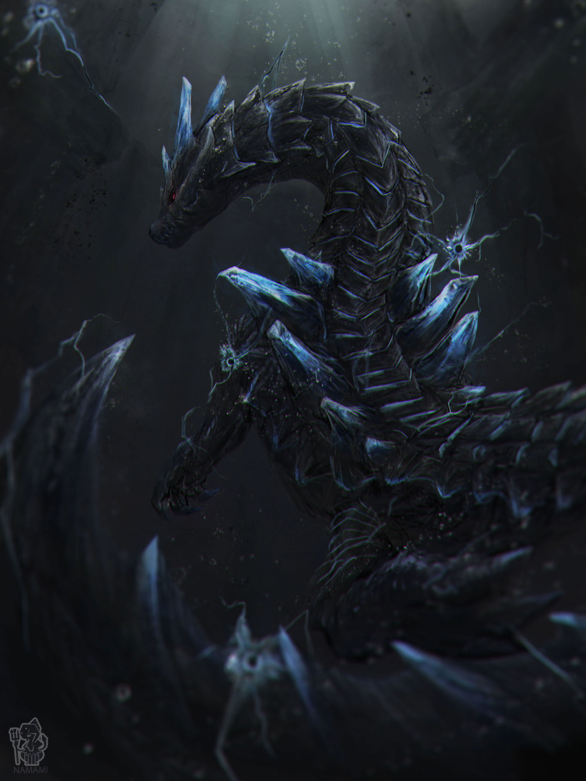 absurdres, blue_scales, claws, dragon, electricity, highres, horns, ivory_lagiacrus