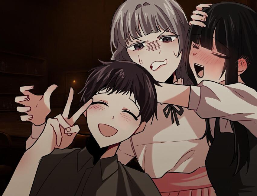 1boy, 2girls, black_dress, black_hair, black_ribbon, blunt_bangs, blush, brown_eyes