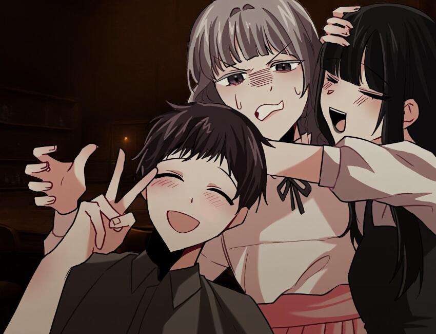 1boy, 2girls, black_dress, black_hair, black_ribbon, blunt_bangs, brown_eyes, brown_hair