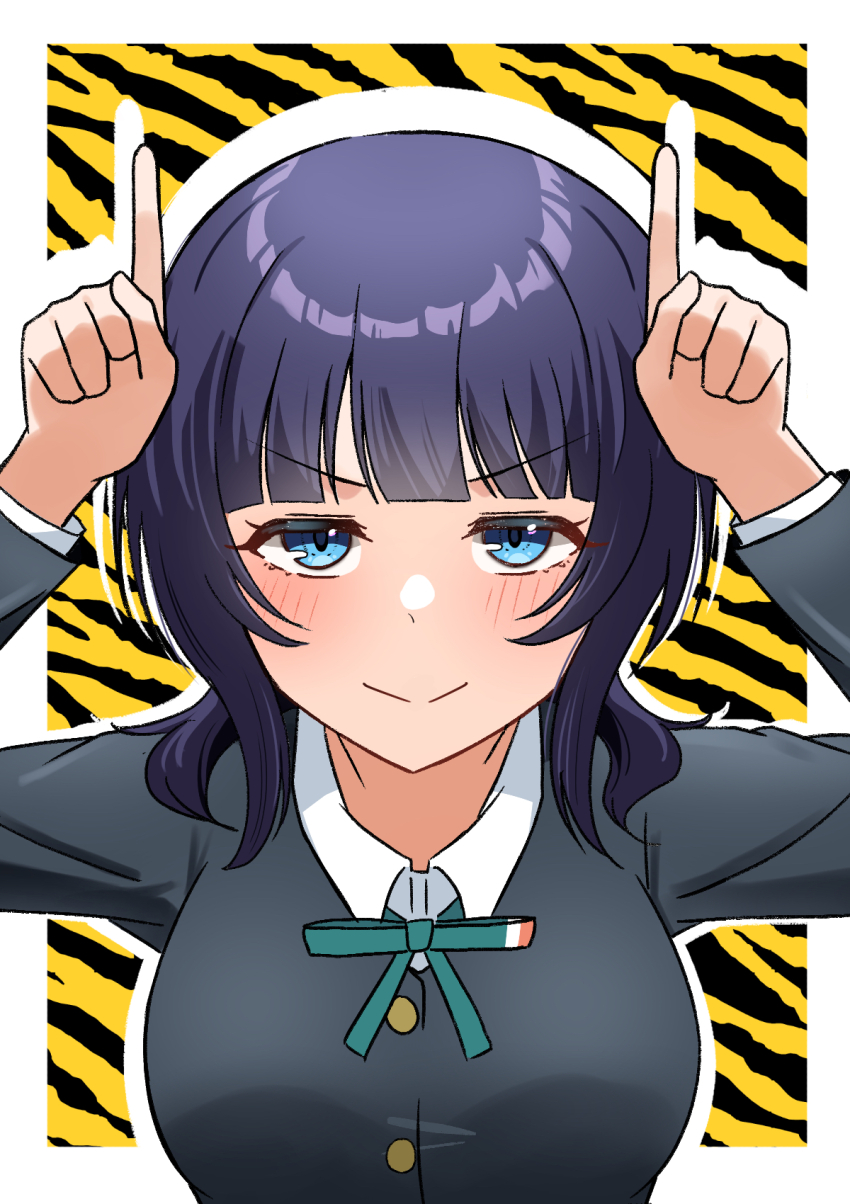 >:), 1girl, animal_print, asaka_karin, black_jacket, blue_eyes, blue_hair, blunt_bangs