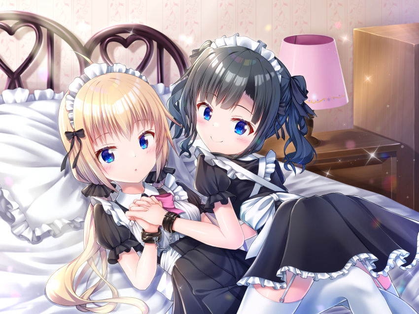 2girls, absurdres, alternate_costume, apron, ass, aunt_and_niece, bedroom, black_bow
