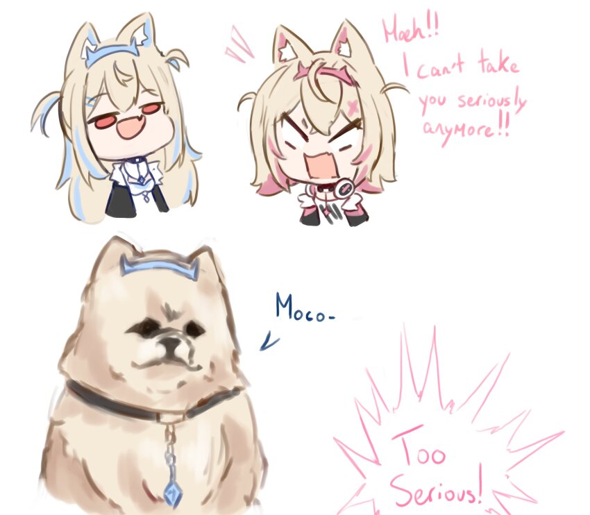 2girls, animal_ears, black_jacket, blank_eyes, blonde_hair, blue_hair, blue_hairband, can't_you_take_anything_seriously?_(meme), collar, dog, dog_ears, dog_girl, english_text, fake_horns, frostyjeiik, fuwawa_abyssgard, fuwawa_abyssgard_(1st_costume), hairband, headphones, headphones_around_neck, highres, hololive, hololive_english, horn_hairband, jacket, meme, mococo_abyssgard, mococo_abyssgard_(1st_costume), multicolored_hair, multiple_girls, open_mouth, pink_eyes, pink_hair, pink_hairband, two-tone_hair, virtual_youtuber