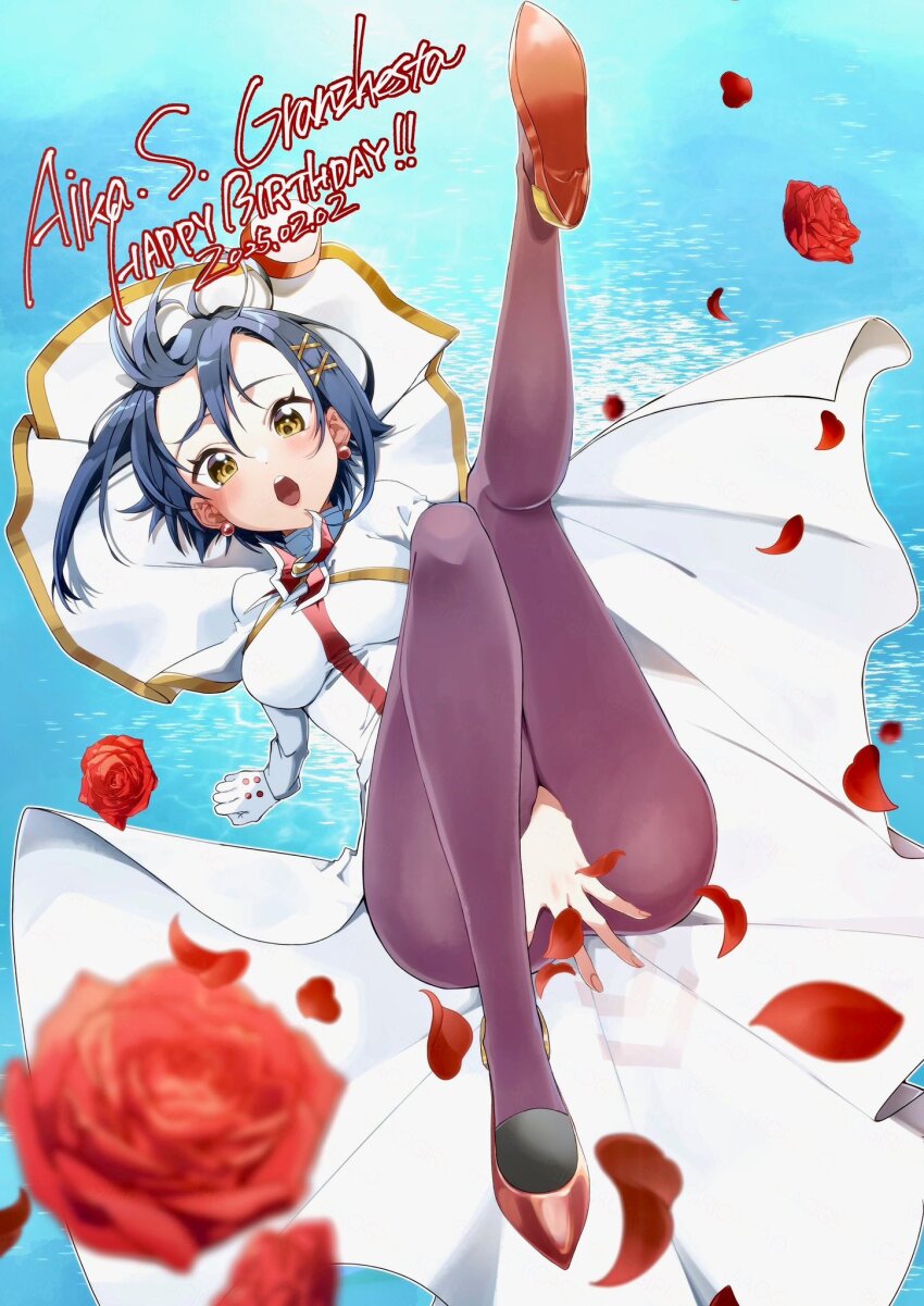 1girl, aika_granzchesta, aogirism, aria_(manga), blue_background, blue_hair, blurry, blurry_foreground