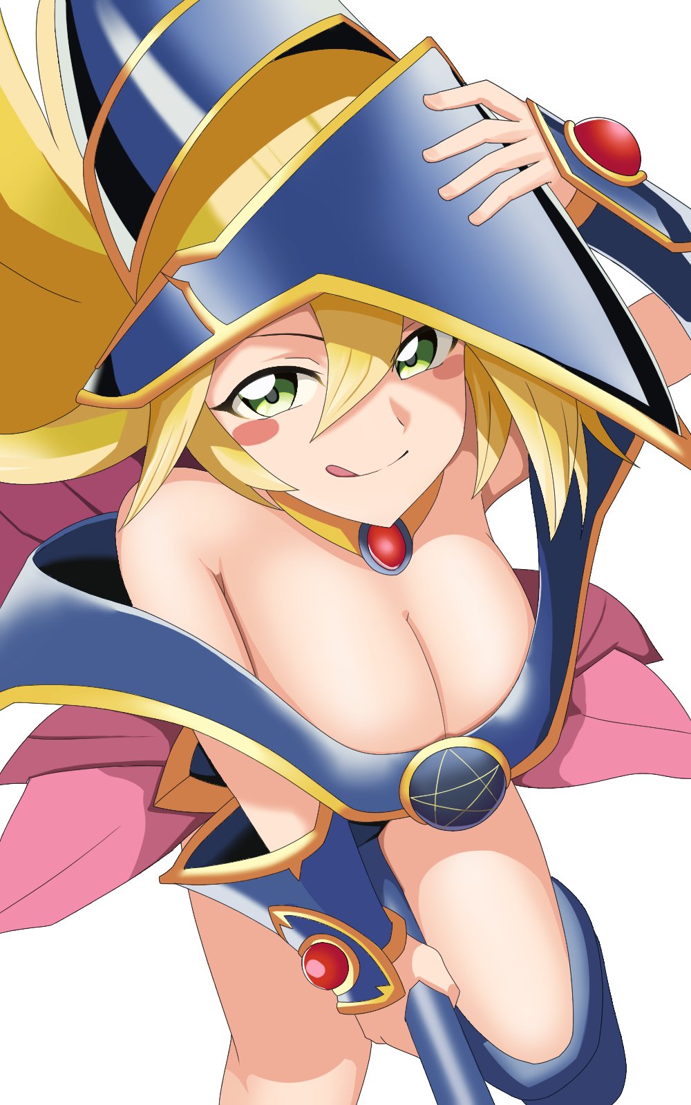 1girl, blonde_hair, blue_dress, blue_hat, blush_stickers, breasts, cleavage, dark_magician_girl, dress, duel_monster, green_eyes, hat, highres, long_hair, norakuma, pink_skirt, simple_background, skirt, solo, white_background, yu-gi-oh!