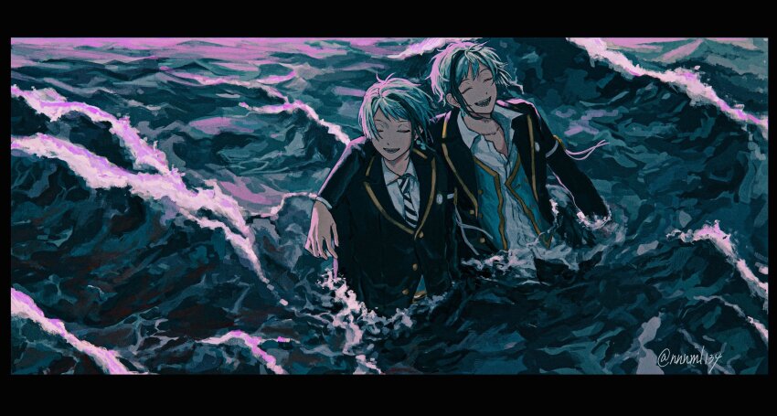 2boys, aqua_hair, arm_on_another's_shoulder, black_border, black_jacket, border, closed_eyes, earrings