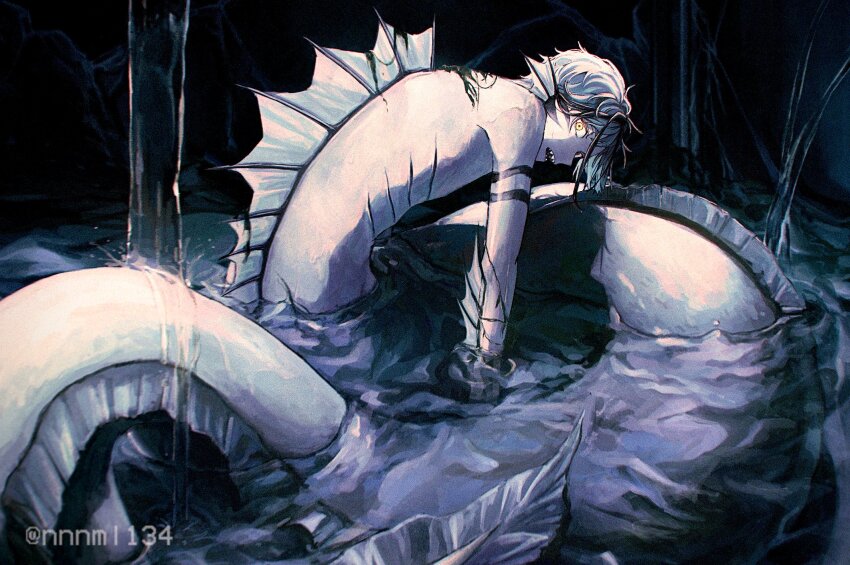 1boy, arm_tattoo, blue_hair, eel_boy, facial_mark, fins, floyd_leech, floyd_leech_(eel)