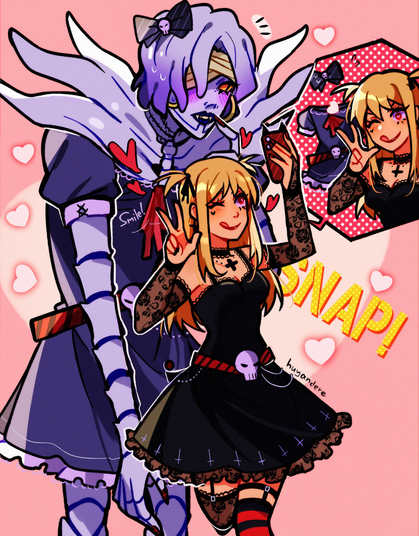 2girls, absurdres, amane_misa, asymmetrical_legwear, blonde_hair, bridal_gauntlets, cross, cross_earrings