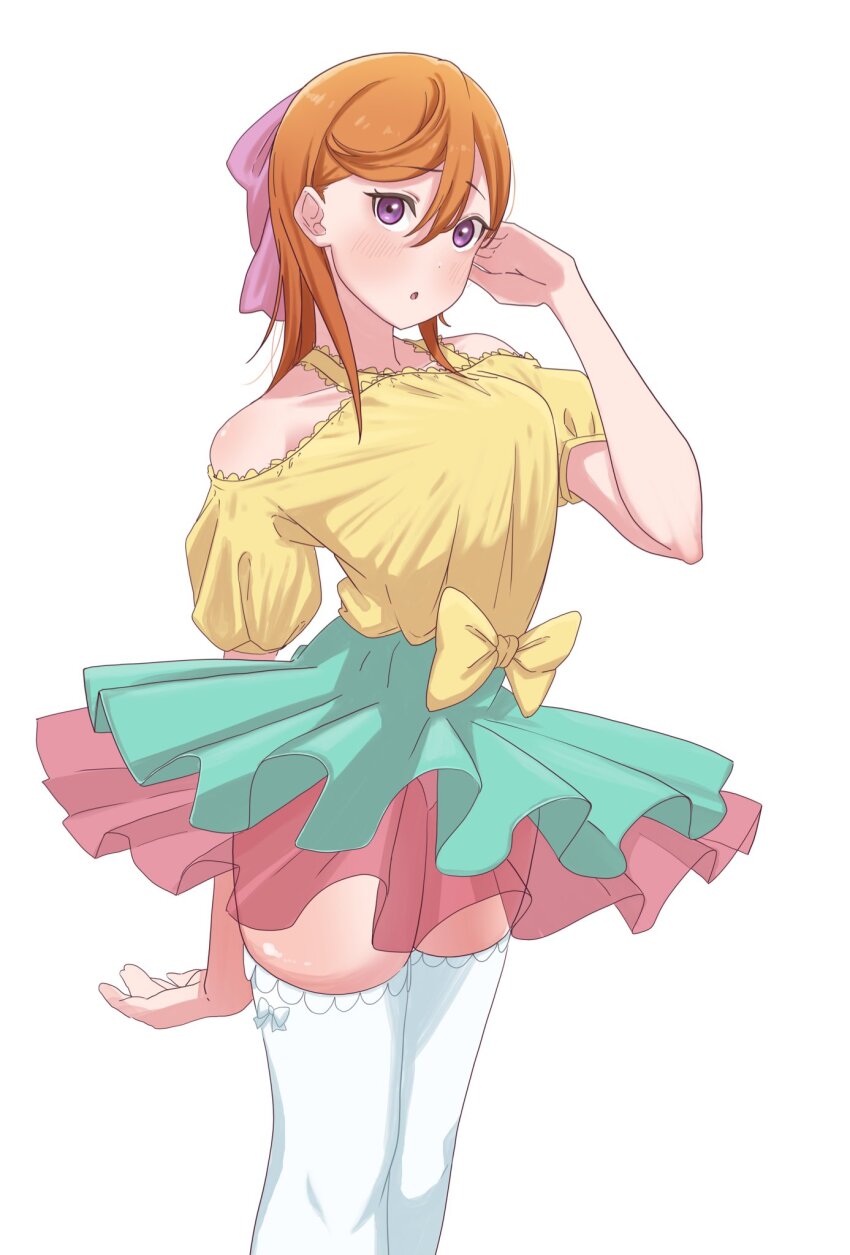 1girl, :o, arm_behind_back, blush, bow, breasts, commentary, feet_out_of_frame