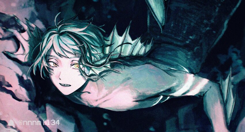 1boy, aqua_hair, arm_up, blurry, blurry_background, facial_mark, fins, gills