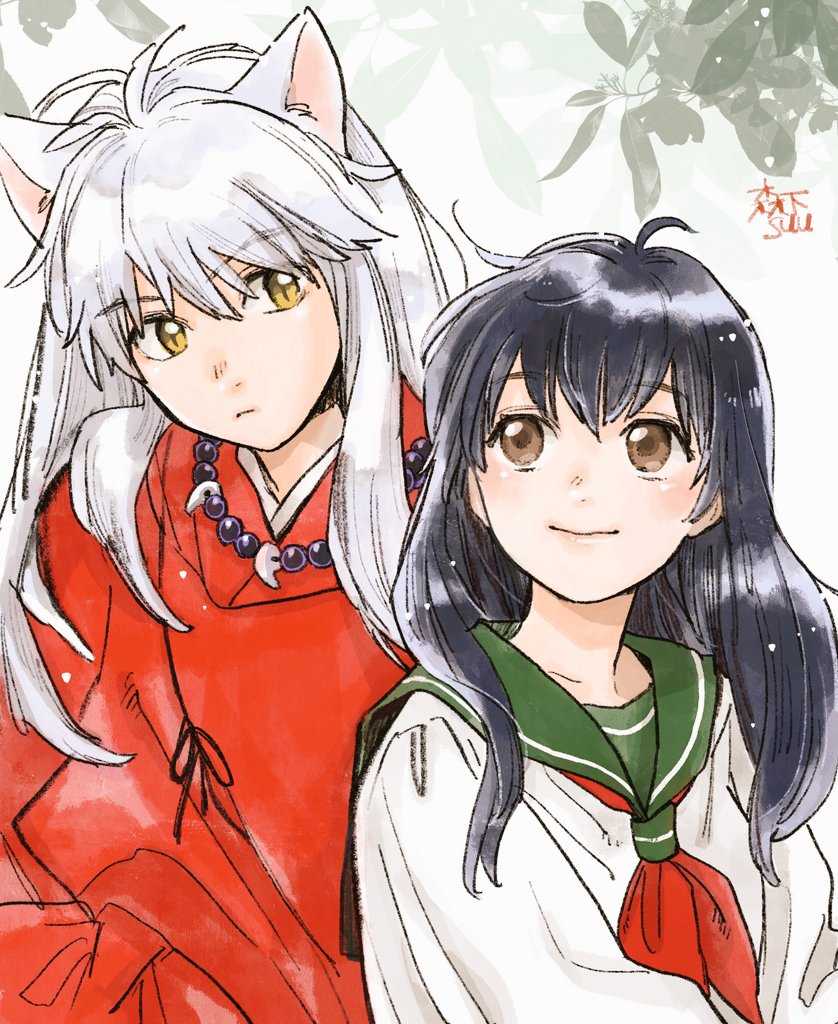 1boy, 1girl, animal_ears, black_hair, brown_eyes, closed_mouth, dog_ears, green_sailor_collar, hair_between_eyes, higurashi_kagome, inuyasha, inuyasha_(character), japanese_clothes, kimono, long_hair, looking_at_another, morisita_suu, neckerchief, red_kimono, red_neckerchief, sailor_collar, school_uniform, smile, white_hair, yellow_eyes