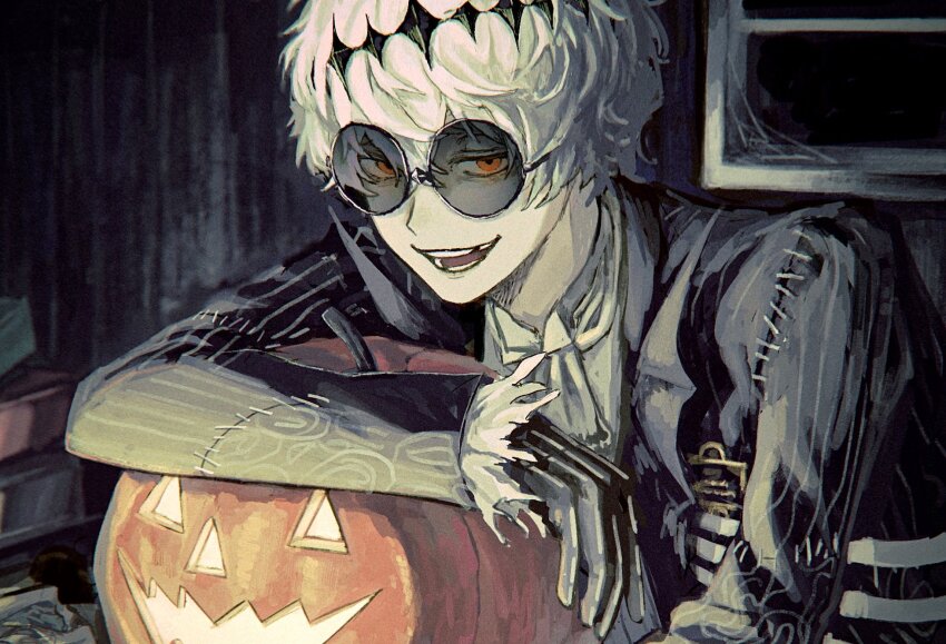 1boy, black_gloves, black_jacket, gloves, hair_between_eyes, hair_ornament, highres, jack-o'-lantern