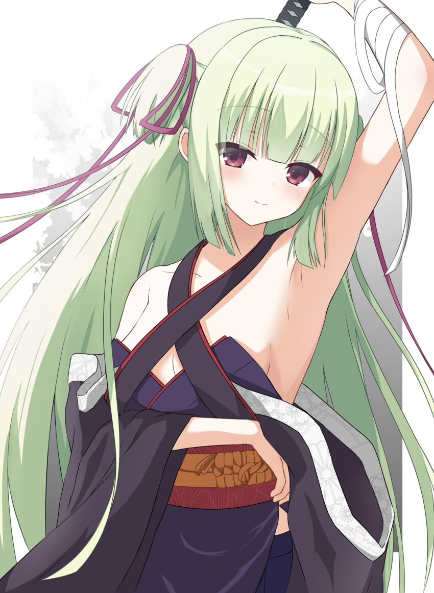 1230_mochi, 1girl, arm_under_breasts, armpits, arms_up, bandaged_arm, bandages, bare_shoulders, black_kimono, blunt_bangs, blunt_ends, blush, breasts, closed_mouth, commentary, cowboy_shot, criss-cross_halter, green_hair, hair_ribbon, halterneck, happy, highres, hime_cut, holding, holding_sword, holding_weapon, japanese_clothes, katana, kimono, long_hair, long_ribbon, long_sleeves, looking_at_viewer, murasame_(senren), no_bra, purple_ribbon, red_eyes, red_sash, ribbon, sash, senren_banka, sideboob, sidelighting, sidelocks, simple_background, small_breasts, smile, solo, split_mouth, straight_hair, sword, two_side_up, very_long_hair, weapon, white_background, wide_sleeves